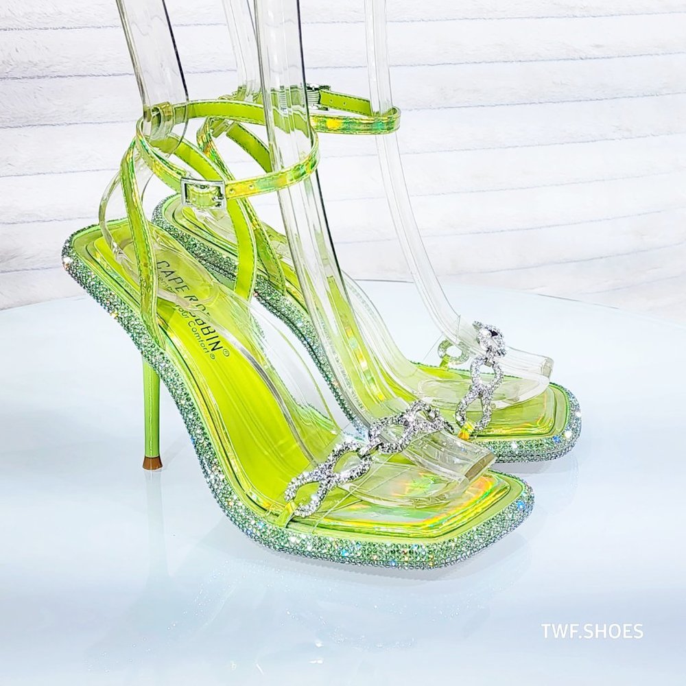 Mini .5" Rhinestone Platform Lime Green Hologram Upper Wrap Strap Heels Baily - Picture 13 of 17